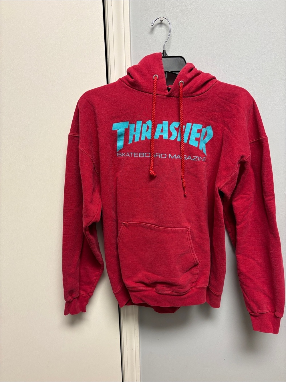 Thrasher Red Pullover Hoodie with Teal Logo